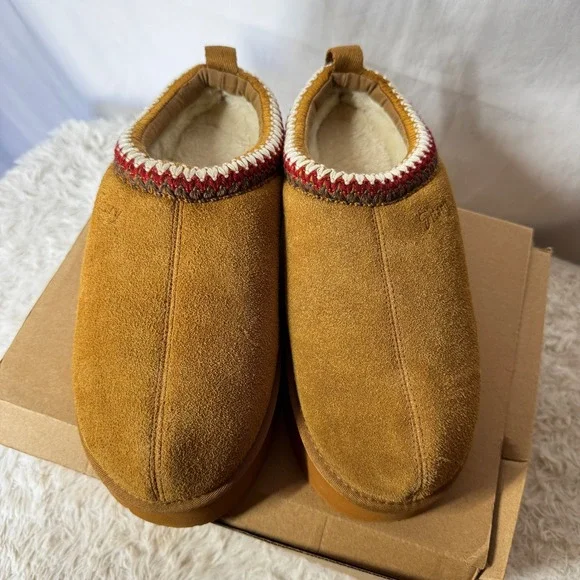 Fitory Brown Suede Shearling Lined Clog Slippers Platform Wedge Women's Size 10 - Picture 1 of 8